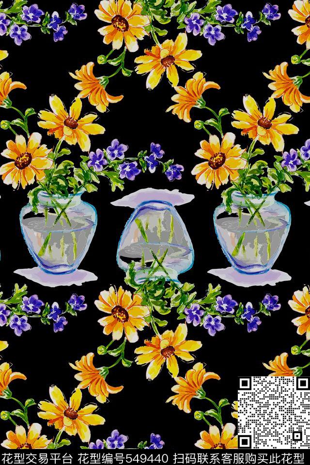 清雅家养花草植物花型 - 549440 - 花朵 花瓶 水瓶 - 数码印花花型 － 女装花型设计 － 瓦栏