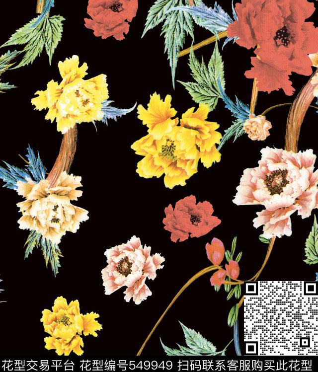 时尚潮流 花卉 花型 花鸟 - 549949 - 欧美流行时尚 花卉  小鸟 数码印花  花型 - 数码印花花型 － 女装花型设计 － 瓦栏