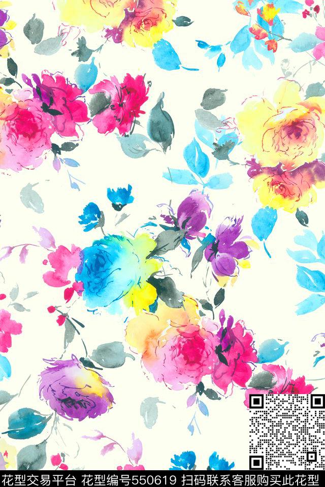 清新女装时尚手绘花卉 - 550619 - 专色底 花卉 手绘花卉 - 数码印花花型 － 女装花型设计 － 瓦栏