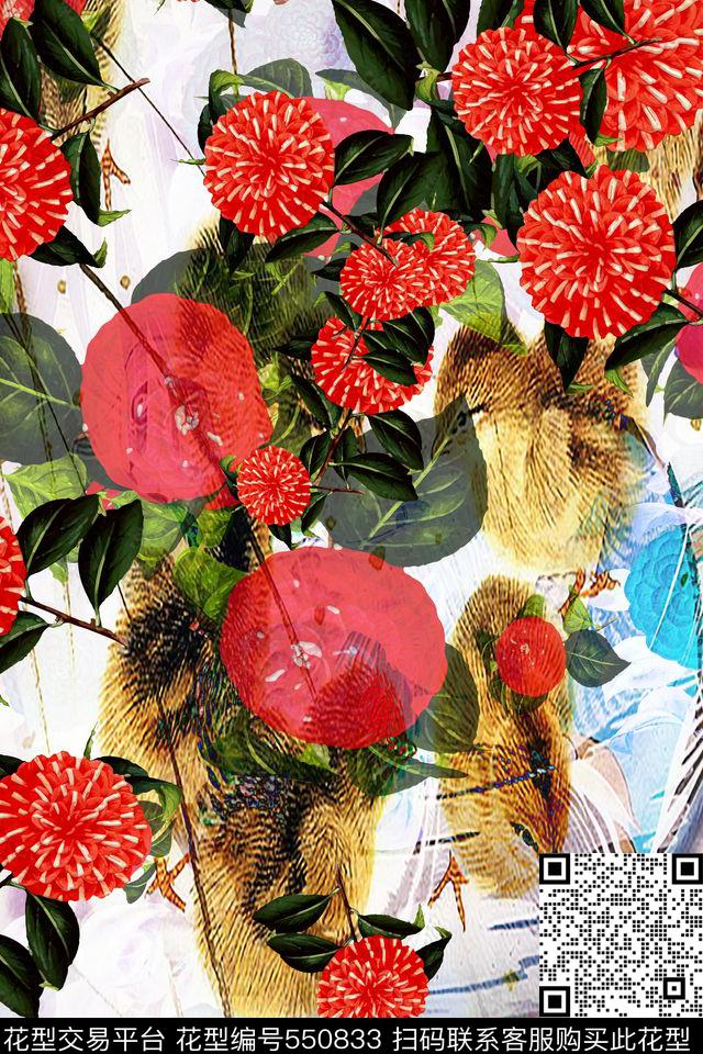 抽象几何植物红色花卉 - 550833 - 中国风 抽象几何 时尚花卉 - 数码印花花型 － 女装花型设计 － 瓦栏