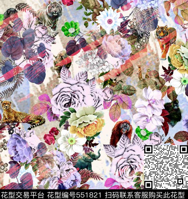 动物世界 - 551821 - 动物 花卉 欧美 - 数码印花花型 － 女装花型设计 － 瓦栏