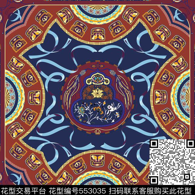丝巾花型 - 553035 - 中国风 丝巾 - 传统印花花型 － 方巾花型设计 － 瓦栏