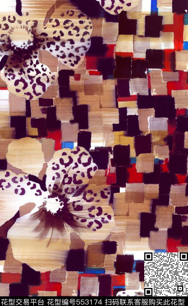 时尚大牌抽象油画格子豹纹数码花型23 - 553174 - 格子豹纹 抽象油画花 数码花型 - 数码印花花型 － 女装花型设计 － 瓦栏