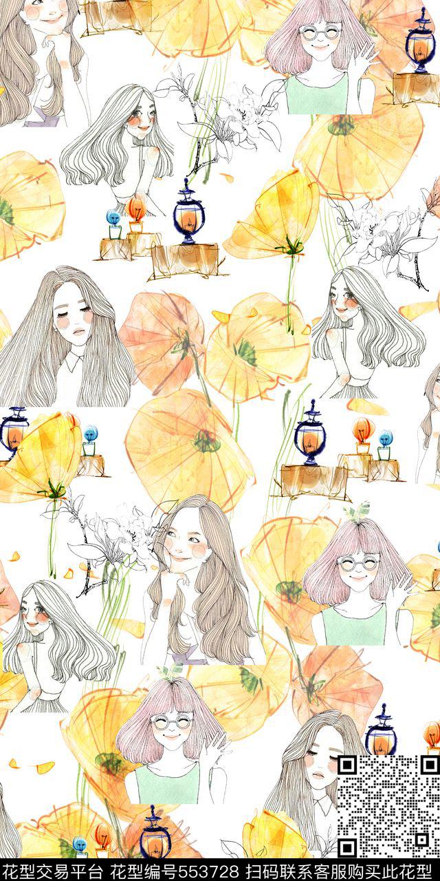 手绘女孩与花朵印花 - 553728 - 手绘 花朵 女孩 - 数码印花花型 － 女装花型设计 － 瓦栏