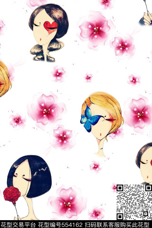 少女的心 - 554162 - 插画少女 花朵 玫瑰 - 数码印花花型 － 女装花型设计 － 瓦栏