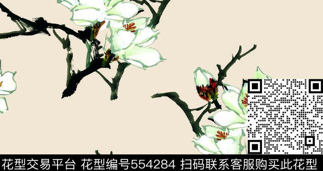 中国传统水墨风格 梅花三弄 - 554284 - 中国传统 水墨风格 梅花 - 数码印花花型 － 女装花型设计 － 瓦栏