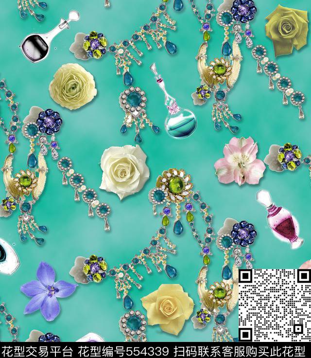  复古 潮流时尚 花卉 珠宝 香水瓶组合 服装 家纺 花型 - 554339 - 服装 复古 花卉 - 数码印花花型 － 女装花型设计 － 瓦栏