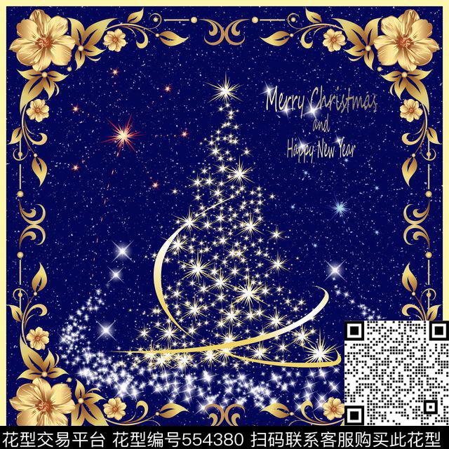 圣诞方巾 - 554380 - 圣诞树 雪花 烟花 - 数码印花花型 － 方巾花型设计 － 瓦栏