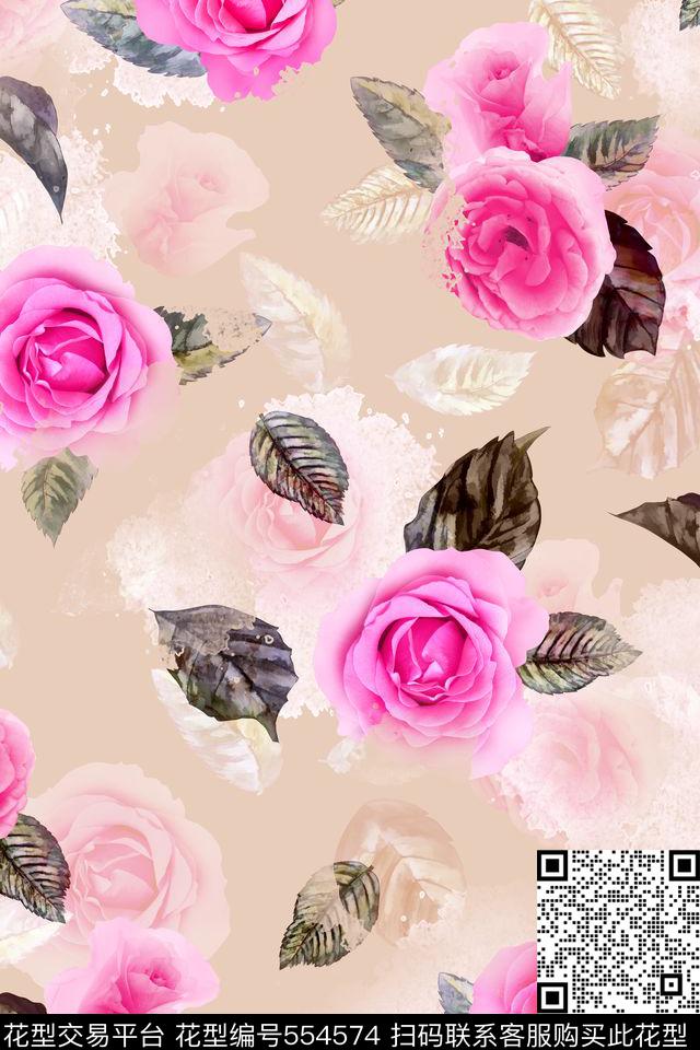 手绘玫瑰素雅背景 - 554574 - 玫瑰 手绘花卉 素雅背景 - 数码印花花型 － 女装花型设计 － 瓦栏