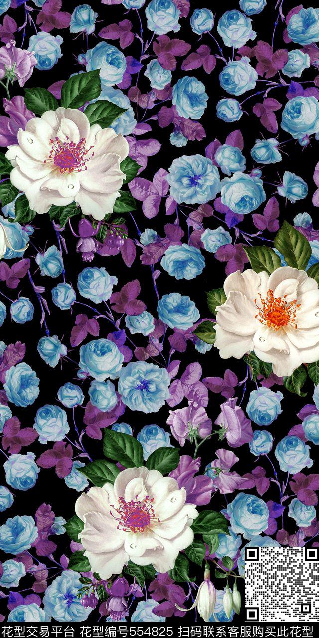 黑底 紫碎花满版 数码印花 - 554825 - 小碎花 黑底 紫花白花 - 数码印花花型 － 女装花型设计 － 瓦栏