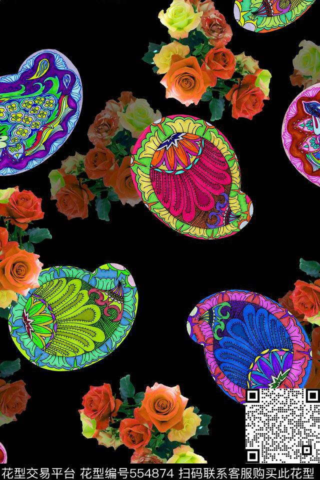  欧洲风佩斯利涡旋纹 - 554874 - 复古 花卉 佩斯利 - 数码印花花型 － 女装花型设计 － 瓦栏