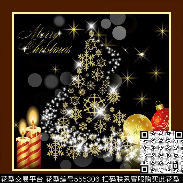 圣诞节方巾 - 555306 - 灯光 蜡烛 圣诞树 - 数码印花花型 － 方巾花型设计 － 瓦栏
