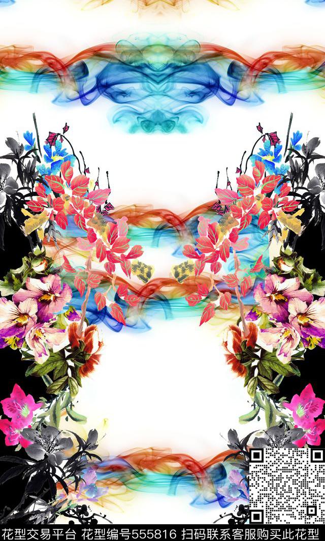 写意花卉定位花 - 555816 - 写意时尚 花卉 彩色云雾 - 数码印花花型 － 女装花型设计 － 瓦栏