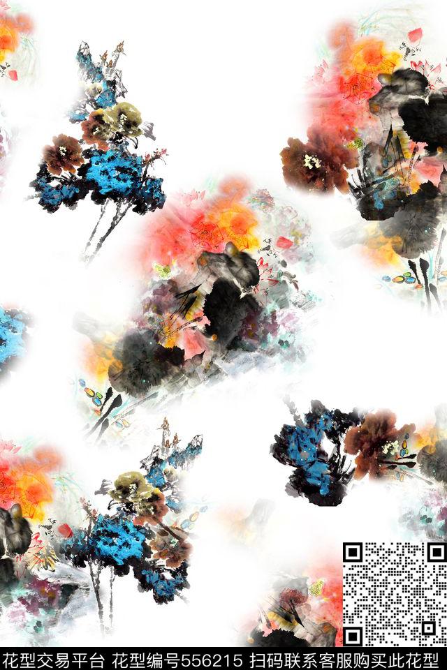 国画抽象花卉 - 556215 - 国画绘画 抽象花卉水墨 旗袍雪纺 - 数码印花花型 － 女装花型设计 － 瓦栏
