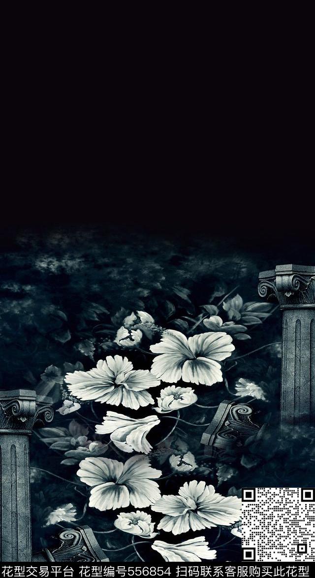 时尚藏青花卉，大理石柱子 - 556854 - 藏青 花卉 大理石 - 数码印花花型 － 女装花型设计 － 瓦栏