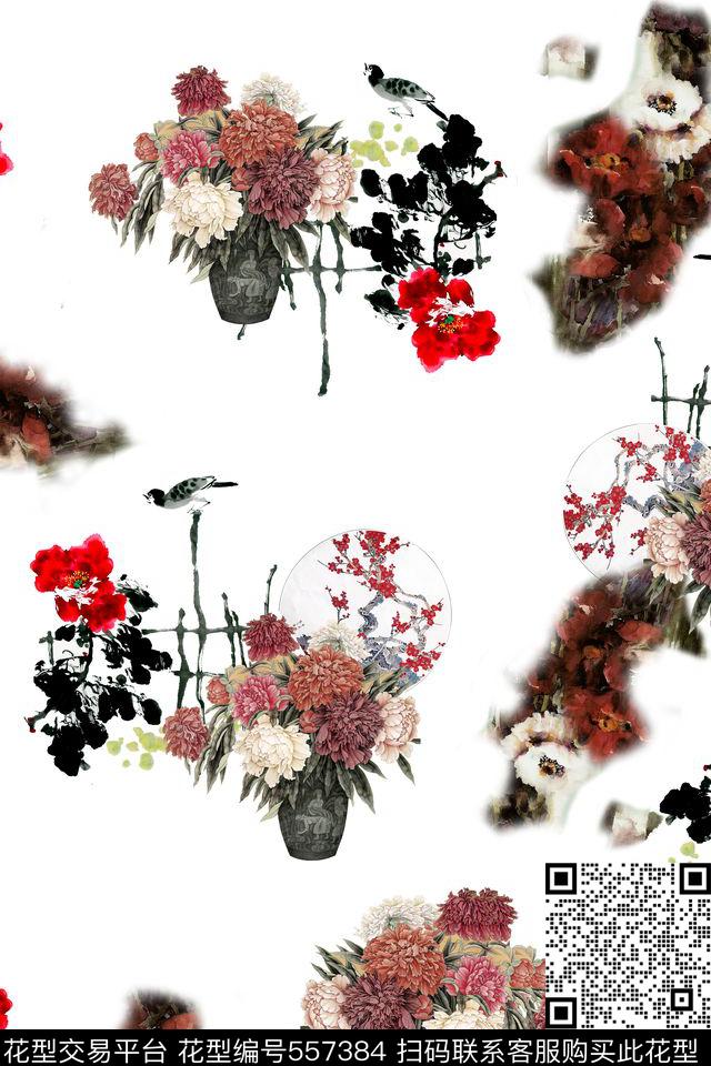 水墨花卉花瓶 - 557384 - 国画绘画 水墨花卉花瓶 旗袍花型 - 数码印花花型 － 女装花型设计 － 瓦栏