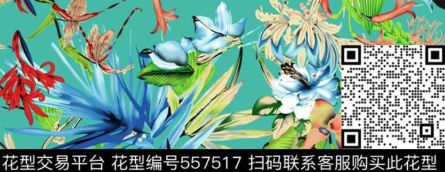 花卉长叶 - 557517 - 现代 花卉 长叶 - 传统印花花型 － 女装花型设计 － 瓦栏