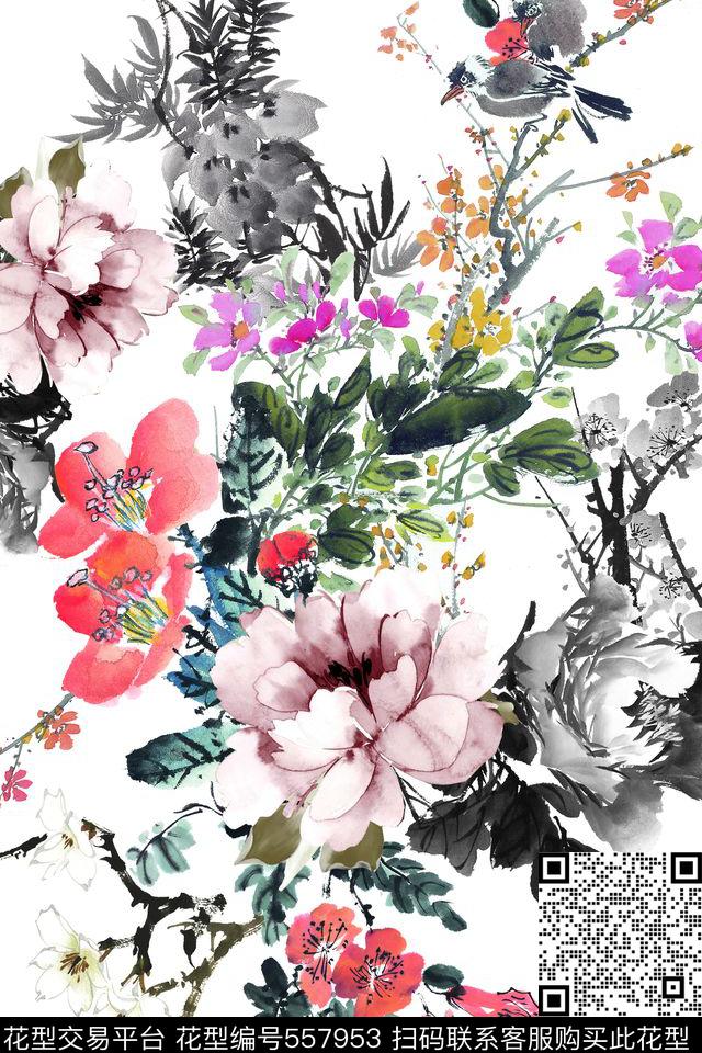 原创潮流时尚复古水墨花卉YC859 - 557953 - 水墨花卉 梅花 工笔画小鸟花卉 - 数码印花花型 － 其他花型设计 － 瓦栏