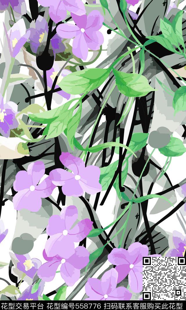 写意水墨风格花与树枝时尚服饰印花 - 558776 - 写意水墨风格 树枝 花卉 - 传统印花花型 － 女装花型设计 － 瓦栏