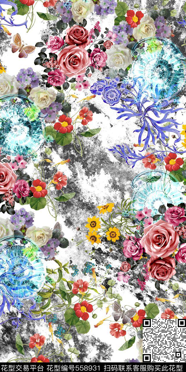 白底 花朵满版 数码印花 - 558931 - 白底 玫瑰 花卉 - 数码印花花型 － 女装花型设计 － 瓦栏