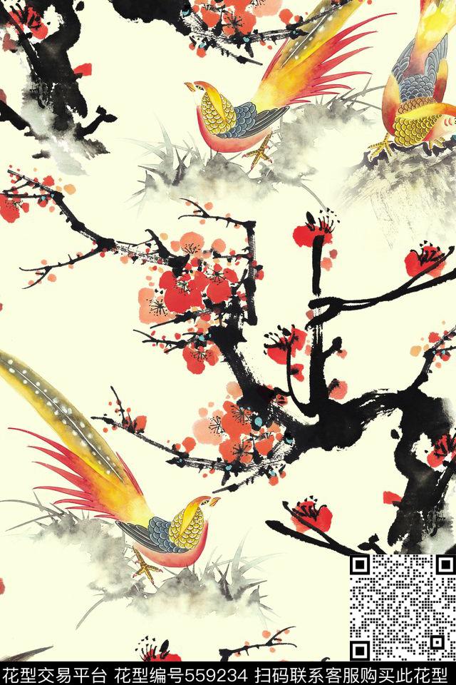 水墨画花鸟 - 559234 - 中国风 国画 花卉 - 数码印花花型 － 女装花型设计 － 瓦栏