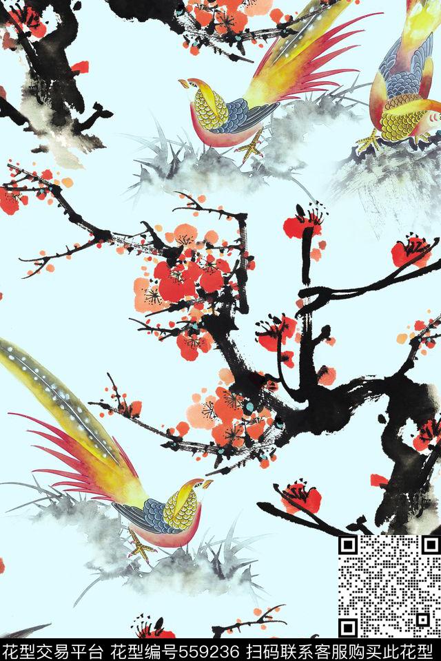 水墨画花鸟 - 559236 - 中国风 国画 花卉 - 数码印花花型 － 女装花型设计 － 瓦栏
