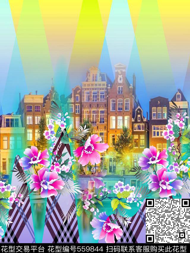 时尚几何花卉城市印花花型（DF0497） - 559844 - 花卉 定位 几何 - 数码印花花型 － 女装花型设计 － 瓦栏