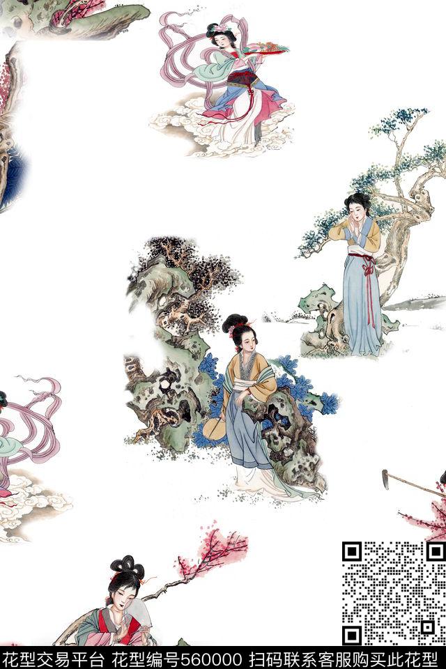 古典仕女人物 - 560000 - 写意 古典仕女人物 旗袍连衣裙 - 数码印花花型 － 女装花型设计 － 瓦栏