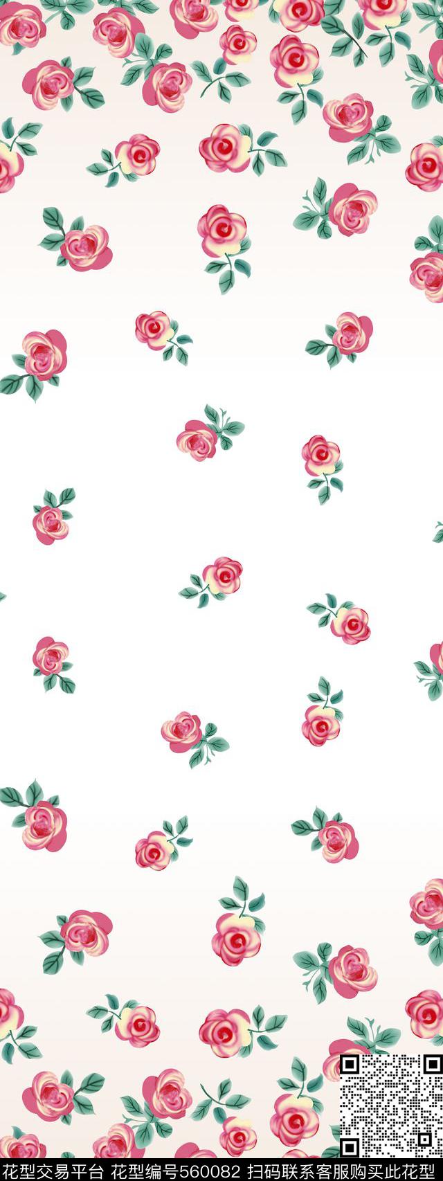 玫瑰 定位 花 - 560082 - 玫瑰 定位 花 - 传统印花花型 － 女装花型设计 － 瓦栏