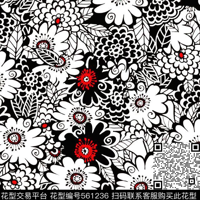 11-27 - 561236 - 休闲时尚 抽象花卉 黑白 简约 手绘抽象黑白花卉 服装面料花型 - 传统印花花型 － 女装花型设计 － 瓦栏