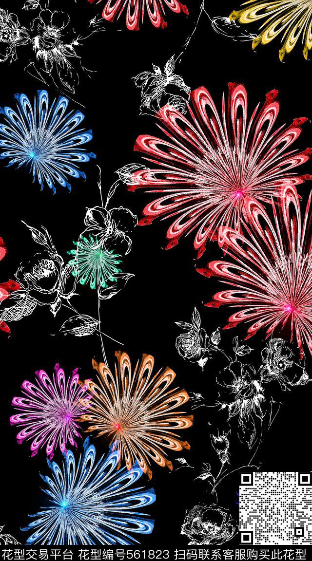 抽象 烟花 花卉 手绘 线条花卉 时尚 创意 炫彩 满版 服装 面料 - 561823 - 抽象 创意 服装 - 数码印花花型 － 女装花型设计 － 瓦栏