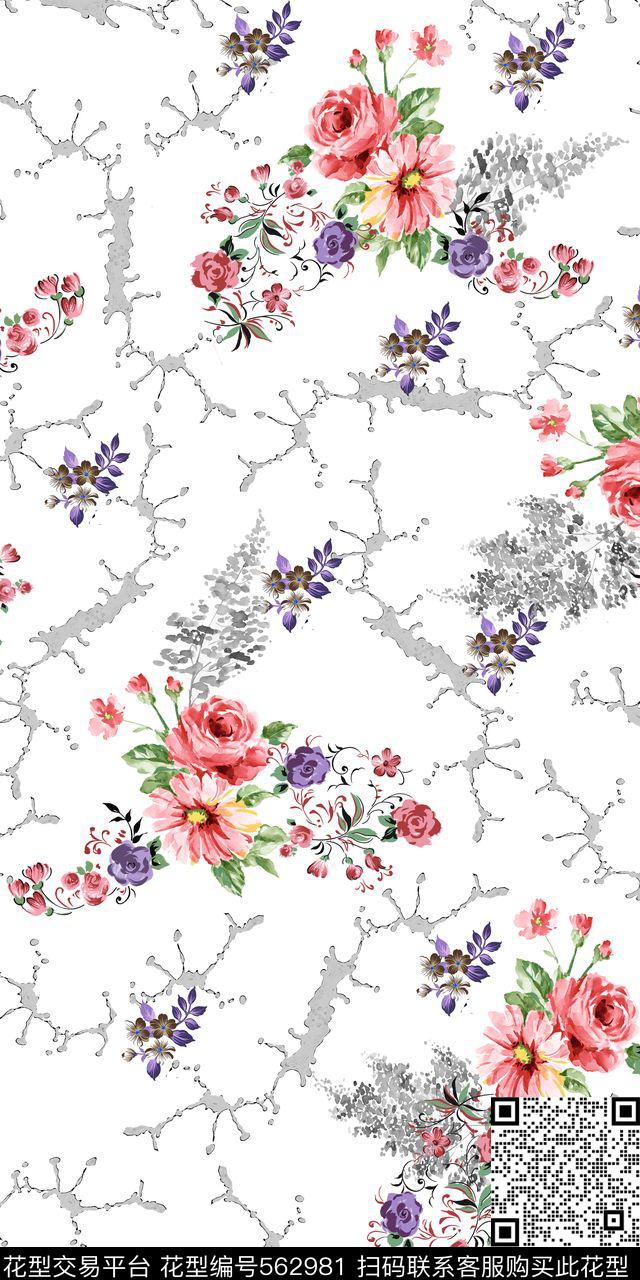 白底 花卉满版 数码印花 - 562981 - 白底 花卉 抽象几何 - 数码印花花型 － 女装花型设计 － 瓦栏