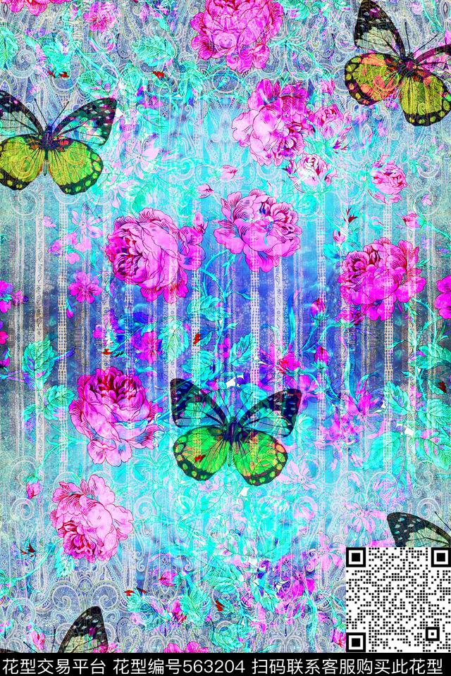 定位花卉蝴蝶半身裙 - 563204 - 蝴蝶 花卉 水纹打底 - 数码印花花型 － 女装花型设计 － 瓦栏