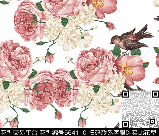 鸟语花香 富贵牡丹 - 564110 - 鸟类 花朵花卉 富贵 - 数码印花花型 － 女装花型设计 － 瓦栏