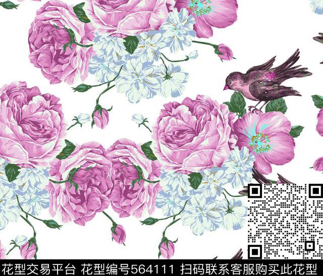 鸟语花香 富贵牡丹 - 564111 - 鸟类 花朵花卉 富贵 - 数码印花花型 － 女装花型设计 － 瓦栏