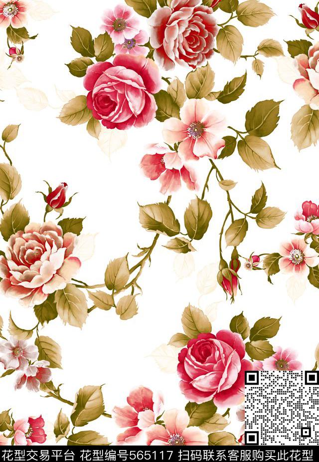 原创大牌手绘写实玫瑰花手绘花卉 - 565117 - 原创 手绘 玫瑰花 - 数码印花花型 － 女装花型设计 － 瓦栏