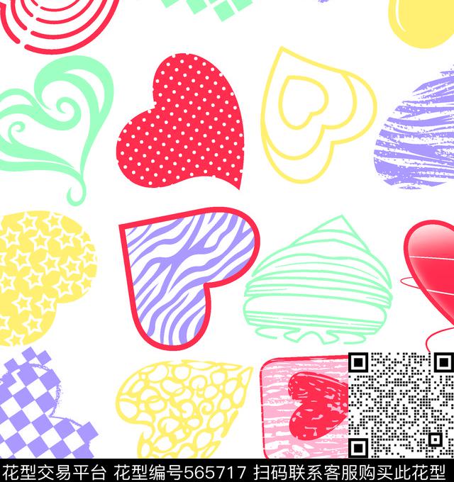 可爱卡通多色爱心图 - 565717 - 可爱卡通多色爱心图 - 传统印花花型 － 女装花型设计 － 瓦栏