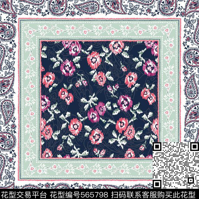 围巾　手绘　花　佩斯利 - 565798 - 手绘 花 佩斯利 - 传统印花花型 － 方巾花型设计 － 瓦栏