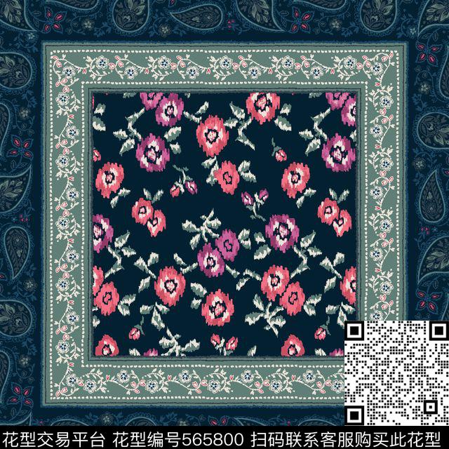 围巾　手绘　花　佩斯利 - 565800 - 花 佩斯利 手绘 - 传统印花花型 － 方巾花型设计 － 瓦栏
