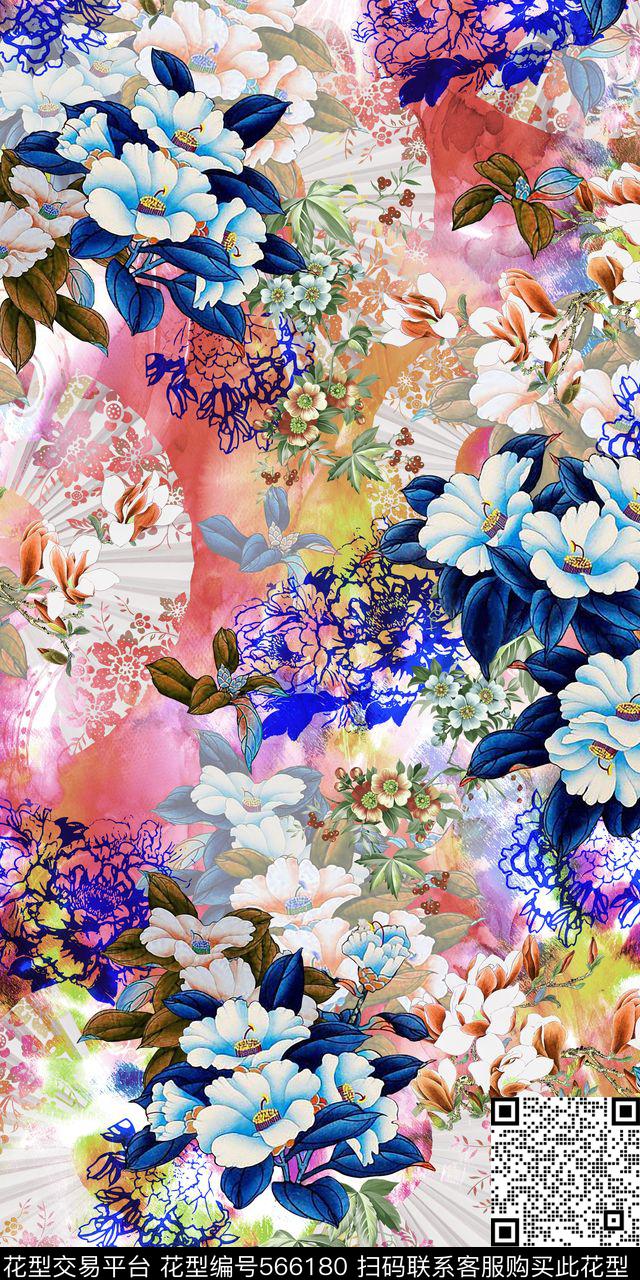 炫彩底 花卉满版 数码印花 - 566180 - 炫彩 花卉 中国风 - 数码印花花型 － 女装花型设计 － 瓦栏