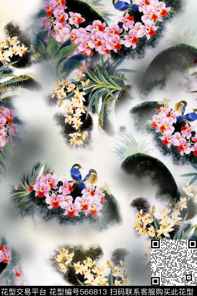 复古中国风之水墨画鸟语花香 - 566813 - 中国风 花卉 鸟 - 数码印花花型 － 女装花型设计 － 瓦栏