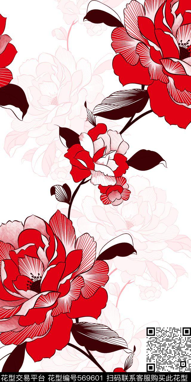 花卉 牡丹 线条 肌理 服装 家纺 面料 - 569601 - 花卉 牡丹 线条 - 数码印花花型 － 床品花型设计 － 瓦栏