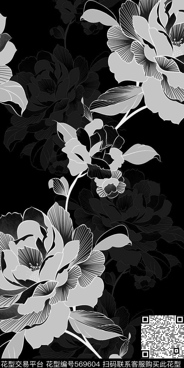 花卉 牡丹 线条 肌理 服装 家纺 面料 - 569604 - 花卉 牡丹 线条 - 数码印花花型 － 床品花型设计 － 瓦栏