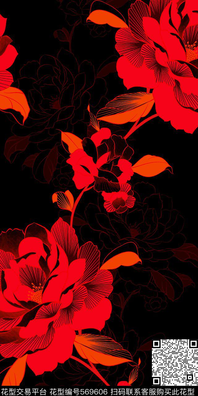 花卉 牡丹 线条 肌理 服装 家纺 面料 - 569606 - 花卉 牡丹 线条 - 数码印花花型 － 床品花型设计 － 瓦栏