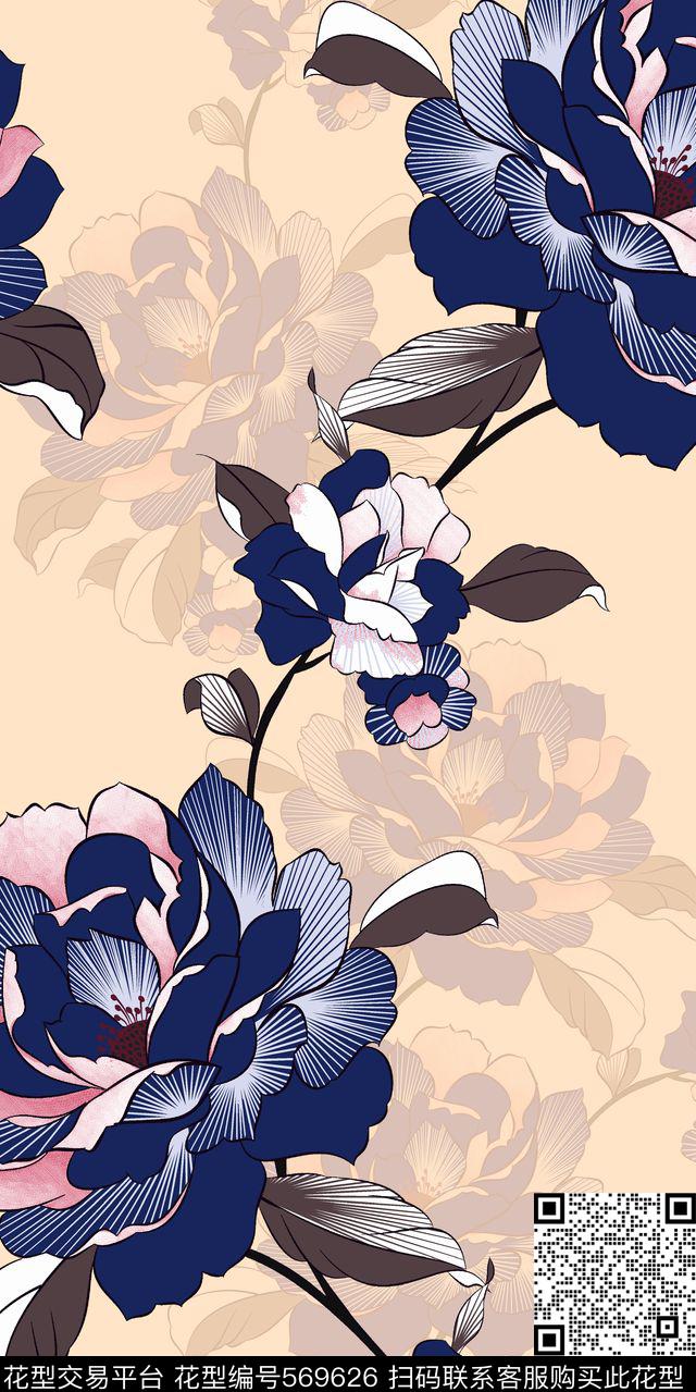 花卉 牡丹 线条 肌理 服装 家纺 面料 - 569626 - 花卉 牡丹 线条 - 数码印花花型 － 床品花型设计 － 瓦栏