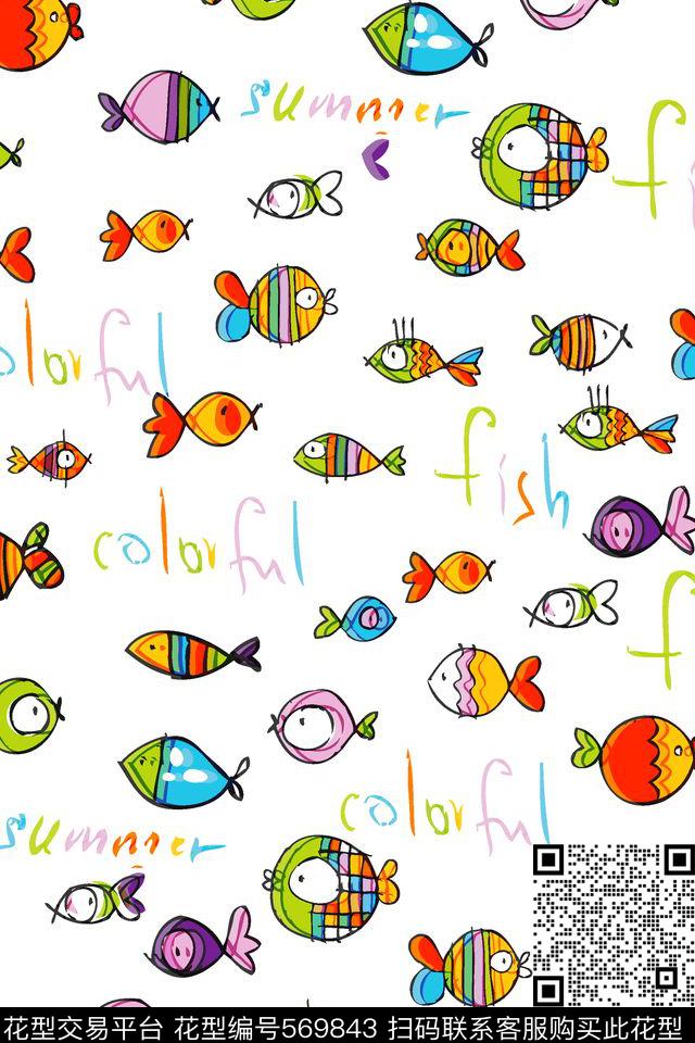 手绘线条热带鱼 - 569843 - 手绘 线条 热带鱼 - 传统印花花型 － 女装花型设计 － 瓦栏
