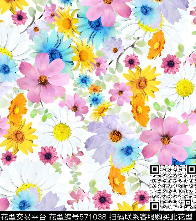 原创手绘花卉水彩花卉水墨花卉 - 571038 - 流行时尚 手绘花卉 水彩花卉 - 数码印花花型 － 女装花型设计 － 瓦栏