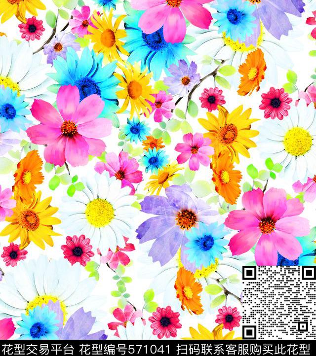 原创水彩花卉水墨花卉 - 571041 - 流行时尚 手绘花卉 水彩花卉 - 数码印花花型 － 女装花型设计 － 瓦栏