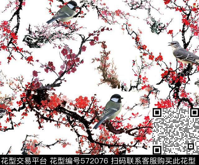 时尚流行意境梅花花卉 - 572076 - 中国风 花卉 小鸟 - 数码印花花型 － 女装花型设计 － 瓦栏