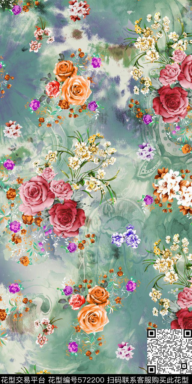 彩底 花卉满版 数码印花 - 572200 - 彩底 玫瑰 花卉 - 数码印花花型 － 女装花型设计 － 瓦栏